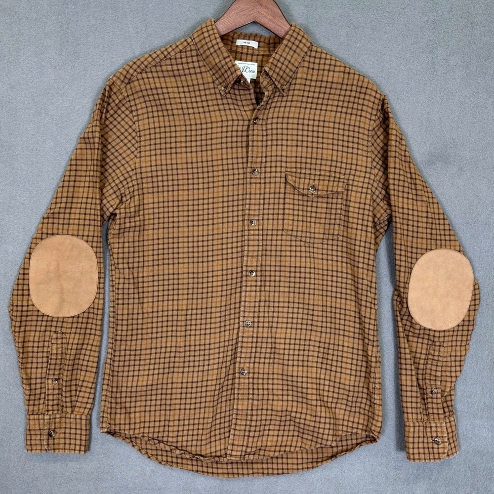 J.Crew Flannel Shirt Men M Brown Plaid Elbow Patch Slim Fit Casual Button Down